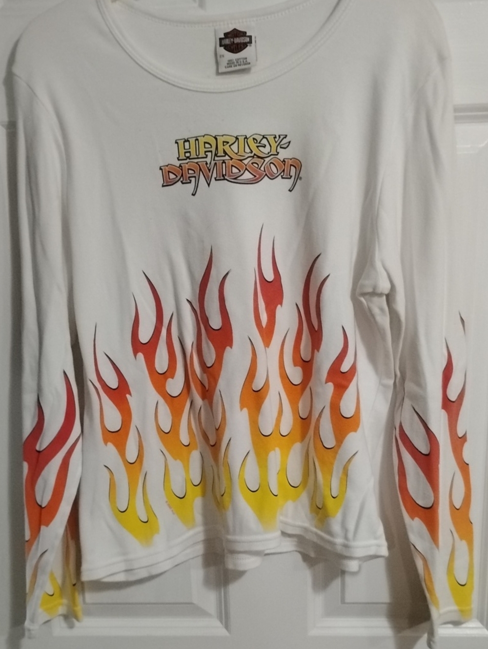 Harley-Davidson White Long Sleeve Tee with Red-Orange-Yellow Flame Design